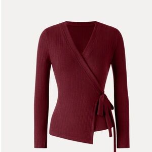 OGL (Ancora) Burgundy V-Neck Wrap Ribbed Top, Size L
